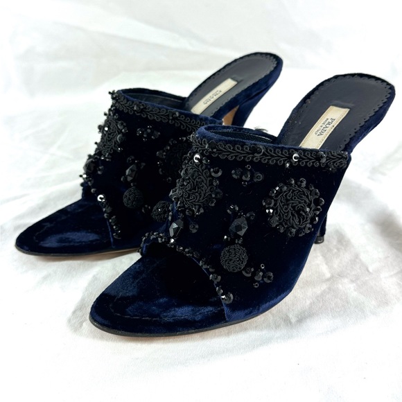 PRADA Navy Blue Velvet Faux Stone Embroidered Heels Sandals 36.5 - 6.5US - Picture 3 of 12